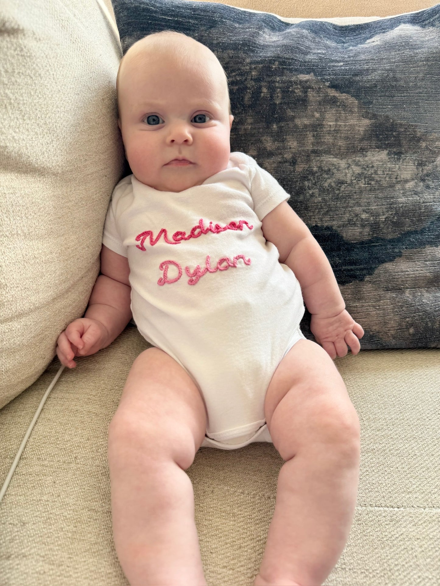 Custom Hand Embroidered Short Sleeve Onesie - Baby & Toddler - Personalized Gift