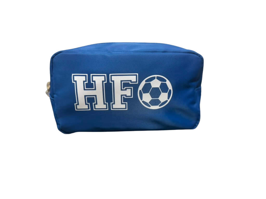 Blue pouch with the initials 'HF' and a soccer ball logo