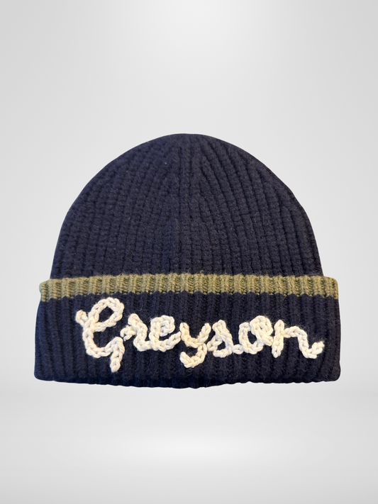 Custom Hand Embroidered Knit Hat – Navy with Green Trim, Personalized Name in White